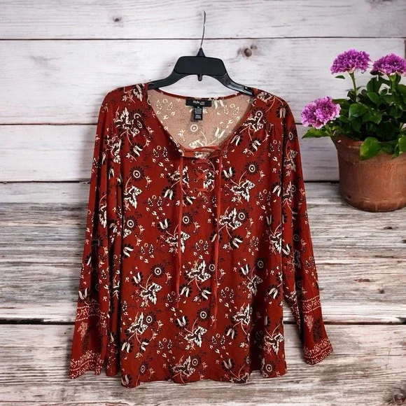 Style & Co Women's Lace Up Tie Front Long Sleeve Floral Blouse Plus 1X NWT - Picture 7 of 14